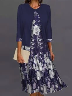 Women's Two Piece Dress Set Casual Dress Swing Dress Outdoor Office Fashion Streetwear Print Midi Dress Crew Neck 3/4 Length Sleeve Floral Regular Fit Black Purple Green Fall Winter S M L XL XXL -HAYz Clothing Shop bdrhbf1695364272615