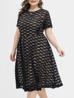 Women‘s Plus Size Curve Party Dress Lace Dress Cocktail Dress Midi Dress Black Short Sleeve Pure Color Lace Summer Spring Fall Crew Neck Fashion Birthday Wedding Guest Vacation 2023 -HAYz Clothing Shop bdztxb1691660765044
