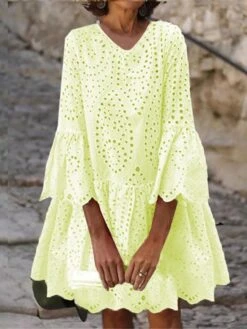 Women's Casual Dress Cotton Linen Dress Swing Dress Mini Dress Cotton Blend Fashion Basic Outdoor Daily Vacation V Neck Ruffle Hollow Out 3/4 Length Sleeve Summer Spring Fall 2023 Loose Fit Light -HAYz Clothing Shop beaeib1682427101723