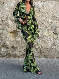 Women's Two Piece Dress Set Casual Dress Skirt Set Daily Going Out Casual Drawstring Cut Out Long Dress Maxi Dress V Neck Long Sleeve Print Slim Green Fall S M L -HAYz Clothing Shop beazpx1693374467269