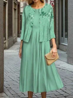 Women's Two Piece Dress Set Casual Dress Swing Dress Outdoor Office Fashion Streetwear Print Midi Dress Crew Neck 3/4 Length Sleeve Floral Regular Fit Blue Purple Green Fall Winter S M L XL XXL -HAYz Clothing Shop befrqn1697524427774