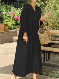 Women's Casual Dress Cotton Linen Dress Swing Dress Maxi Long Dress Linen Basic Classic Outdoor Daily Vacation V Neck Ruched Button Long Sleeve Summer Spring Fall 2023 Loose Fit Black Wine Apricot -HAYz Clothing Shop benbty1690268466687