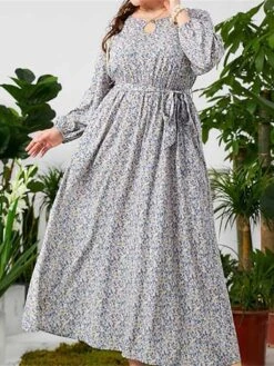 Women's Plus Size Curve Work Dress Swing Dress Semi Formal Dress Fashion Midi Dress Lace Up Hollow Out Crew Neck Long Sleeve Floral Loose Fit Blue Fall Winter L XL XXL 3XL 4XL -HAYz Clothing Shop betwfg1693300598570