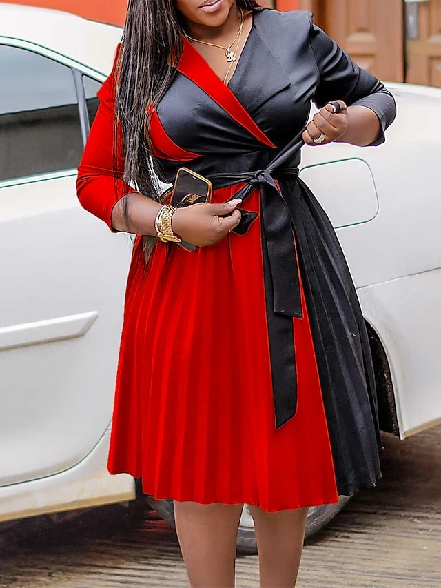 Women's Shirt Dress Casual Dress Midi Dress Outdoor Daily Date Polyester Fashion Casual Shirt Collar Lace Up Pleated 3/4 Length Sleeve Spring Fall Winter 2023 Regular Fit Yellow Red Blue Color Block 8 Women's Shirt Dress Casual Dress Midi Dress Outdoor Daily Date Polyester Fashion Casual Shirt Collar Lace Up Pleated 3/4 Length Sleeve Spring Fall Winter 2023 Regular Fit Yellow Red Blue Color Block - Image 8