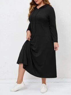 Women's Plus Size Curve Casual Dress Hoodie Dress Black Dress Solid Color Long Dress Maxi Dress Long Sleeve Hooded Fashion Outdoor Black Fall Winter L XL XXL 3XL 4XL -HAYz Clothing Shop bevwgr1694151489385