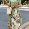 Women's Two Piece Dress Set Casual Dress Print Dress Outdoor Daily Fashion Streetwear Button Print Midi Dress Crew Neck Short Sleeve Floral Loose Fit Green Summer Spring S M L XL XXL