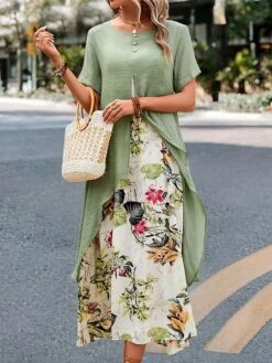 Women's Two Piece Dress Set Casual Dress Print Dress Outdoor Daily Fashion Streetwear Button Print Midi Dress Crew Neck Short Sleeve Floral Loose Fit Green Summer Spring S M L XL XXL