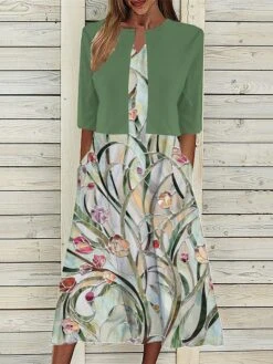 Women's Two Piece Dress Set Casual Dress Tank Dress Outdoor Daily Fashion Streetwear Pocket Print Midi Dress V Neck 3/4 Length Sleeve Floral Regular Fit Navy Blue Blue Purple Summer Spring S M L XL -HAYz Clothing Shop bffbcd1689736426438