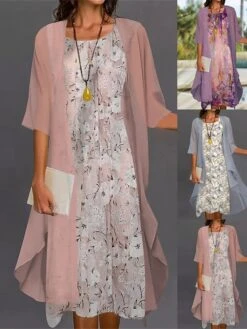 Women's Two Piece Dress Set Casual Dress Two Piece Dress Daily Holiday Fashion Modern Print Midi Dress Crew Neck Half Sleeve Floral Color Block Loose Fit Pink Blue Summer Spring S M L XL
