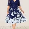 Women‘s Plus Size Curve Party Dress Cocktail Dress Work Dress Midi Dress Black Navy Blue Purple Half Sleeve Floral Lace Summer Spring Fall V Neck Fashion Wedding Guest Vacation Summer Dress 2023