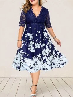 Women‘s Plus Size Curve Party Dress Cocktail Dress Work Dress Midi Dress Black Navy Blue Purple Half Sleeve Floral Lace Summer Spring Fall V Neck Fashion Wedding Guest Vacation Summer Dress 2023