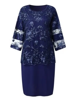 Women's Plus Size Curve Wedding Guest Dress Lace Party Dress Crew Neck Print 3/4 Length Sleeve Mother Dress Spring Fall Dress Elegant Formal Midi Dress Party Cocktail Dress -HAYz Clothing Shop bggbzo1659687316545