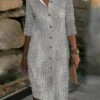 Women's Shirt Dress Casual Dress Cotton Linen Dress Midi Dress Polyester Fashion Casual Daily Outdoor Daily Vacation Shirt Collar Button Print 3/4 Length Sleeve Summer Spring Fall 2023 Loose Fit Blue