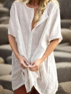 Women's Casual Dress Shirt Dress Cotton Linen Dress Mini Dress Blue Purple Pink Short Sleeve Pure Color Spring Summer V Neck Beach Basic Daily Weekend Loose Fit Linen S M L XL XXL 3XL -HAYz Clothing Shop bguucj1687343476179