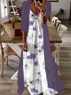 Women's Casual Dress Dress Set Two Piece Dress Long Dress Maxi Dress Purple Brown Green Half Sleeve Flower Print Summer Spring V Neck Fashion Vacation 2023 S M L XL XXL 3XL -HAYz Clothing Shop bgvaza1671612932891
