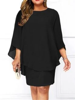 Women's Plus Size Curve Black Work Dress Shift Dress Chiffon Dress Solid Color Midi Dress 3/4 Length Sleeve Fake Two Piece Crew Neck Basic Office