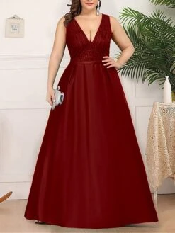 Women‘s Plus Size Curve Prom Dress Party Dress Sequin Dress Long Dress Maxi Dress Wine Dark Green Fuchsia Sleeveless Pure Color Sequins Summer Spring Fall V Neck Fashion Birthday Wedding Guest