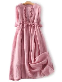 Women's Casual Dress Cotton Linen Dress A Line Dress Midi Dress Linen / Cotton Blend Basic Classic Outdoor Daily Vacation Crew Neck Lace Up Button 3/4 Length Sleeve Spring Fall Autumn 2023 Loose Fit