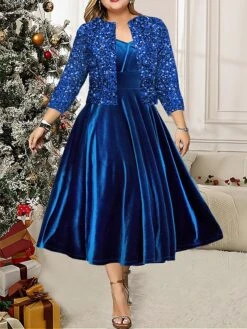 Women's Plus Size Two Piece Dress Set Velvet Dress Party Dress Party Wedding Guest Fashion Elegant Sequin Long Dress Maxi Dress V Neck 3/4 Length Sleeve Plain Regular Fit Blue Fall Winter L XL XXL