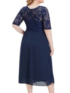 Women's Plus Size Party Dress Lace Dress Cocktail Dress Midi Dress Dark Blue Half Sleeve Pure Color Lace Fall Winter Autumn Crew Neck Fashion Winter Dress Wedding Guest Vacation 2023 XL XXL 3XL 4XL -HAYz Clothing Shop bhytei1693296917881