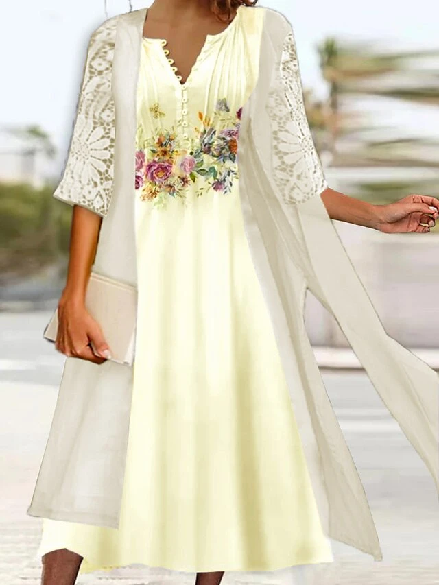 Women's Two Piece Dress Set Casual Dress Print Dress Daily Vacation Fashion Elegant Lace Button Midi Dress V Neck Half Sleeve Floral Regular Fit White Yellow Pink Summer Spring S M L XL XXL 4 Women's Two Piece Dress Set Casual Dress Print Dress Daily Vacation Fashion Elegant Lace Button Midi Dress V Neck Half Sleeve Floral Regular Fit White Yellow Pink Summer Spring S M L XL XXL - Image 4