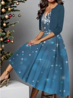 Women's Two Piece Dress Set Casual Dress Swing Dress Outdoor Christmas Fashion Elegant Print Midi Dress V Neck Half Sleeve Christmas Tree Snowflake Regular Fit Wine Red Navy Blue Fall Winter S M L XL