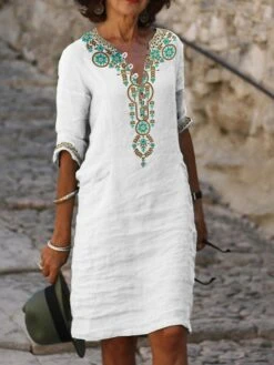 Women's Casual Dress Cotton Dress Shift Dress Mini Dress Cotton Blend Fashion Modern Outdoor Daily Split Neck Button Print Half Sleeve Summer Spring Fall 2023 Regular Fit White Floral S M L XL 2XL