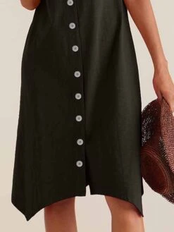 Women's Shirt Dress Casual Dress Cotton Linen Dress Midi Dress Polyester Classic Casual Outdoor Daily Vacation Split Neck Button Short Sleeve Summer Spring 2023 Loose Fit Black Blue Plain S M L XL 2XL -HAYz Clothing Shop bikmcf1691040683311