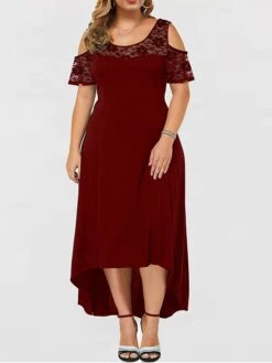 Women‘s Plus Size Curve Party Dress Lace Dress Wedding Guest Dress Black Dress Long Dress Maxi Dress Wine Blue Short Sleeve Pure Color Lace Summer Spring Fall Crew Neck Fashion Birthday Vacation -HAYz Clothing Shop bipsnh1691044194295