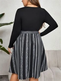 Women's Plus Size Curve Party Dress Winter Dress Black Dress Geometric Midi Dress Long Sleeve Patchwork Bow Crew Neck Fashion Party Black Fall Winter XL XXL 3XL 4XL -HAYz Clothing Shop biuzdb1695103067541