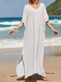 Women's White Dress A Line Dress Cover Up Long Dress Maxi Dress Cotton Basic Casual Outdoor Daily Vacation V Neck Split 3/4 Length Sleeve Summer Spring Fall 2022 Loose Fit Black White Yellow Plain -HAYz Clothing Shop bivbmt1672828142224