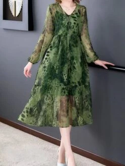 Women's Two Piece Dress Set Casual Dress Shift Dress Daily Going Out Streetwear Casual Print Midi Dress V Neck 3/4 Length Sleeve Leopard Loose Fit Green Fall M L XL XXL 3XL -HAYz Clothing Shop bizmqg1695106206497