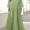Women's Cotton Linen Dress Casual Dress Midi Dress Cotton Blend Basic Casual Outdoor Daily Vacation Crew Neck Ruched Button Short Sleeve Summer Spring 2023 Loose Fit White Purple Green Plain M L XL