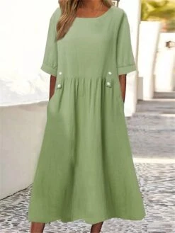 Women's Cotton Linen Dress Casual Dress Midi Dress Cotton Blend Basic Casual Outdoor Daily Vacation Crew Neck Ruched Button Short Sleeve Summer Spring 2023 Loose Fit White Purple Green Plain M L XL