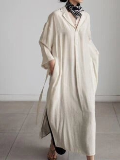 Women's Casual Dress Cotton Linen Dress Shift Dress Midi Dress Linen / Cotton Blend Fashion Basic Outdoor Daily Vacation Shirt Collar Lace Up Pocket Long Sleeve Fall Winter Autumn 2023 Loose Fit -HAYz Clothing Shop bjahfg1693475202162