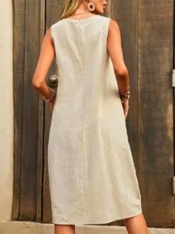 Women's Casual Dress Cotton Linen Dress Tank Dress Midi Dress Cotton Blend Basic Classic Outdoor Daily U Neck Pocket Sleeveless Summer Spring 2023 Loose Fit Navy Blue Blue Brown Plain S M L XL 2XL -HAYz Clothing Shop bjdrjl1689916781771