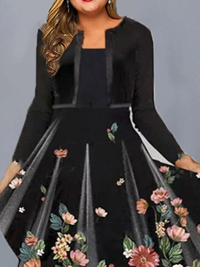Women‘s Plus Size Curve Work Dress Swing Dress A Line Dress Floral Midi Dress Long Sleeve Fake Two Piece Print Crew Neck Fashion Office Black Fall Spring L XL XXL 3XL 3 Women‘s Plus Size Curve Work Dress Swing Dress A Line Dress Floral Midi Dress Long Sleeve Fake Two Piece Print Crew Neck Fashion Office Black Fall Spring L XL XXL 3XL - Image 3