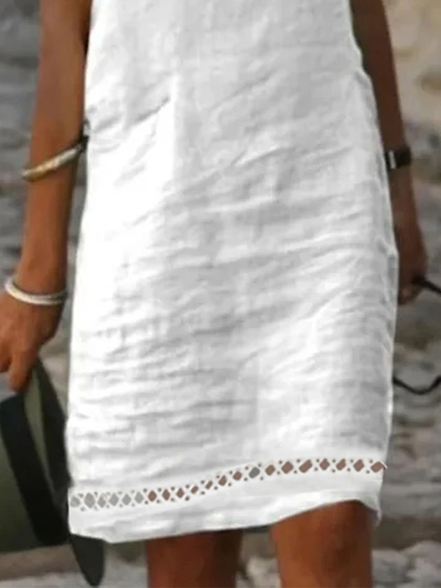 Women's Casual Dress Cotton Linen Dress Shift Dress Midi Dress Cotton Blend Basic Casual Outdoor Daily Boat Neck Patchwork Hollow Out Short Sleeve Summer Spring 2023 Loose Fit White Plain S M L XL 2XL 3 Women's Casual Dress Cotton Linen Dress Shift Dress Midi Dress Cotton Blend Basic Casual Outdoor Daily Boat Neck Patchwork Hollow Out Short Sleeve Summer Spring 2023 Loose Fit White Plain S M L XL 2XL - Image 3