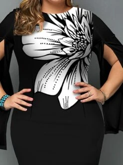 Women's Plus Size Curve Party Dress Winter Dress Bodycon Floral Midi Dress Long Sleeve Crew Neck Fashion Party Black Fall Winter XL XXL 3XL 4XL 5XL -HAYz Clothing Shop bjvnjp1695023321295