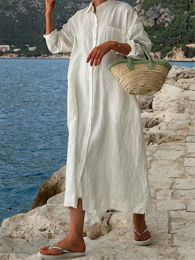 Women's Shirt Dress Casual Dress Cotton Linen Dress Maxi Long Dress Linen / Cotton Blend Basic Classic Outdoor Daily Vacation Shirt Collar Button Pocket Long Sleeve Summer Spring Fall 2023 Loose Fit 1 Women's Shirt Dress Casual Dress Cotton Linen Dress Maxi Long Dress Linen / Cotton Blend Basic Classic Outdoor Daily Vacation Shirt Collar Button Pocket Long Sleeve Summer Spring Fall 2023 Loose Fit