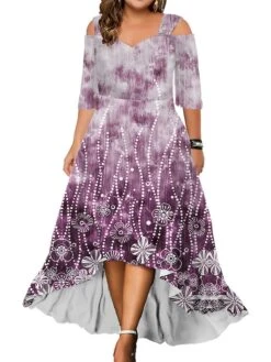 Women‘s Plus Size Curve Party Dress Wedding Guest Dress Swing Dress Long Dress Maxi Dress Blue Light Purple Purple 3/4 Length Sleeve Floral Cold Shoulder Summer Spring Fall V Neck Fashion Birthday -HAYz Clothing Shop bkamti1690428398769