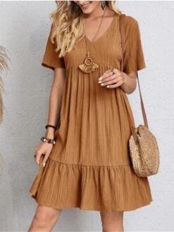 Women's Casual Dress Cotton Linen Dress Swing Dress Mini Dress Polyester Basic Classic Outdoor Daily Vacation V Neck Ruffle Short Sleeve Summer Spring 2023 Regular Fit Black Pink Red Plain S M L XL -HAYz Clothing Shop bkesjw1690357006767