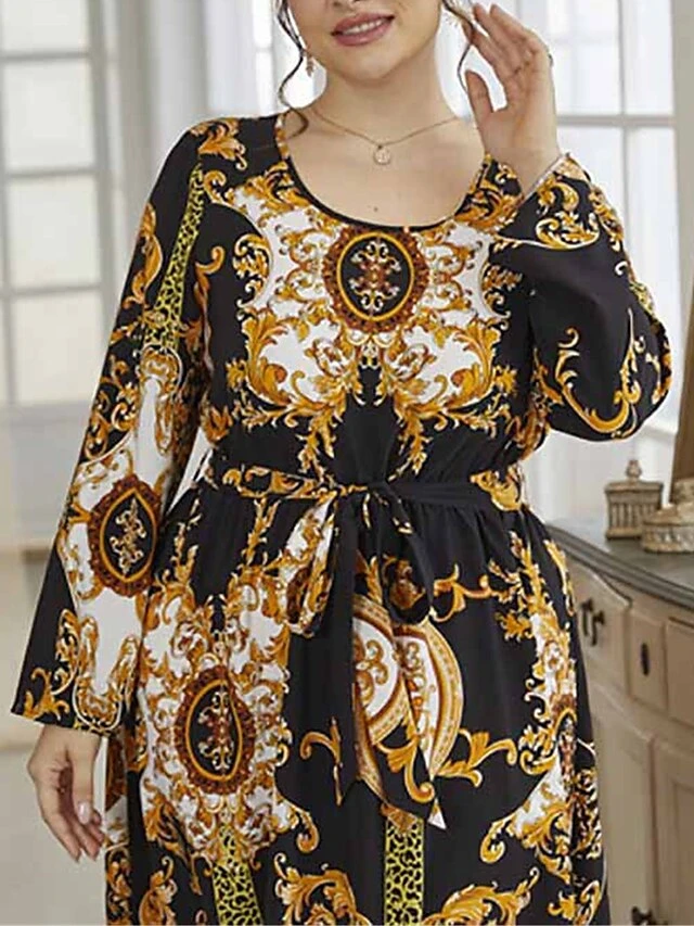 Women's Plus Size Curve Work Dress Swing Dress Semi Formal Dress Fashion Long Dress Maxi Dress Lace Up Print Crew Neck Long Sleeve Floral Color Block Regular Fit Black Fall Winter L XL XXL 3XL 4XL 3 Women's Plus Size Curve Work Dress Swing Dress Semi Formal Dress Fashion Long Dress Maxi Dress Lace Up Print Crew Neck Long Sleeve Floral Color Block Regular Fit Black Fall Winter L XL XXL 3XL 4XL - Image 3