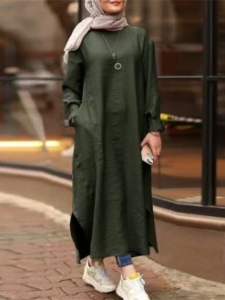 Women's Casual Dress Cotton Linen Dress Abaya Maxi Long Dress Linen / Cotton Blend Classic Casual Outdoor Daily Vacation Crew Neck Pocket Split Long Sleeve Spring Fall Winter 2023 Loose Fit ArmyGreen -HAYz Clothing Shop blfilt1692340971579