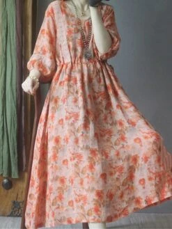 Women's Casual Dress Cotton Linen Dress Swing Dress Midi Dress Polyester Daily Casual Outdoor Daily Vacation Crew Neck Print 3/4 Length Sleeve Fall Autumn 2023 Loose Fit Orange Floral M L XL 2XL -HAYz Clothing Shop blhxik1693226491709