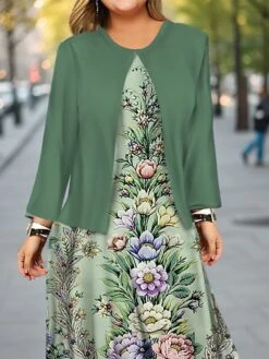 Women's Plus Size Curve Casual Dress Dress Set Two Piece Dress Floral Midi Dress Long Sleeve Print Crew Neck Fashion Outdoor Brown Green Fall Winter L XL XXL 3XL 4XL -HAYz Clothing Shop blleyj1697687127662