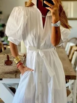 Women's Shirt Dress Casual Dress Swing Dress Maxi Long Dress Polyester Fashion Modern Office Daily Date Shirt Collar Ruched Tie Belt Half Sleeve Summer Spring Fall 2023 Regular Fit Black White Pure -HAYz Clothing Shop blmikb1684399180699