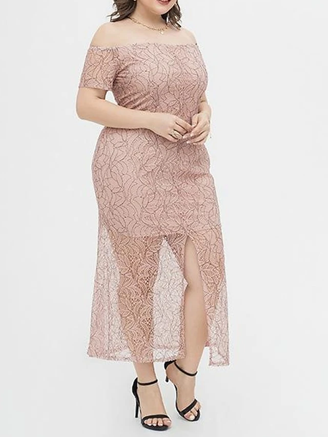 Women's Plus Size Prom Dress Party Dress Lace Dress Long Dress Maxi Dress Pink Short Sleeve Pure Color Lace Summer Spring Fall Off Shoulder Fashion Wedding Guest Birthday Evening Party 2023 XL XXL 2 Women's Plus Size Prom Dress Party Dress Lace Dress Long Dress Maxi Dress Pink Short Sleeve Pure Color Lace Summer Spring Fall Off Shoulder Fashion Wedding Guest Birthday Evening Party 2023 XL XXL - Image 2
