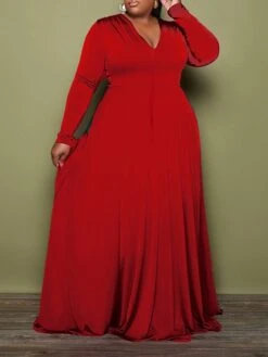 Women‘s Plus Size Curve Party Dress Solid Color V Neck Long Sleeve Winter Fall Elegant Maxi Long Dress Formal Party Dress -HAYz Clothing Shop blqpif1655712224030