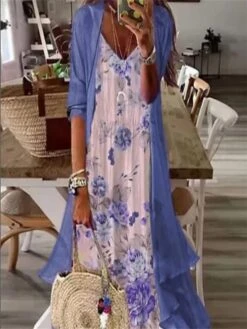Women's Two Piece Dress Set Casual Dress Print Dress Outdoor Daily Fashion Casual Print Long Dress Maxi Dress Crew Neck 3/4 Length Sleeve Floral Loose Fit Blue Green Summer Spring S M L XL XXL -HAYz Clothing Shop blwncy1687679705470